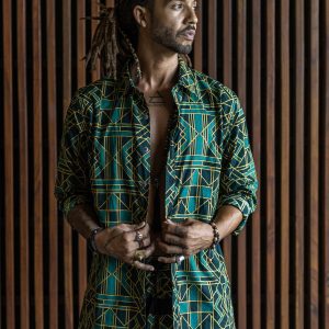 Geometric Print Cotton Buttonup Shirt: Green Boho Festival