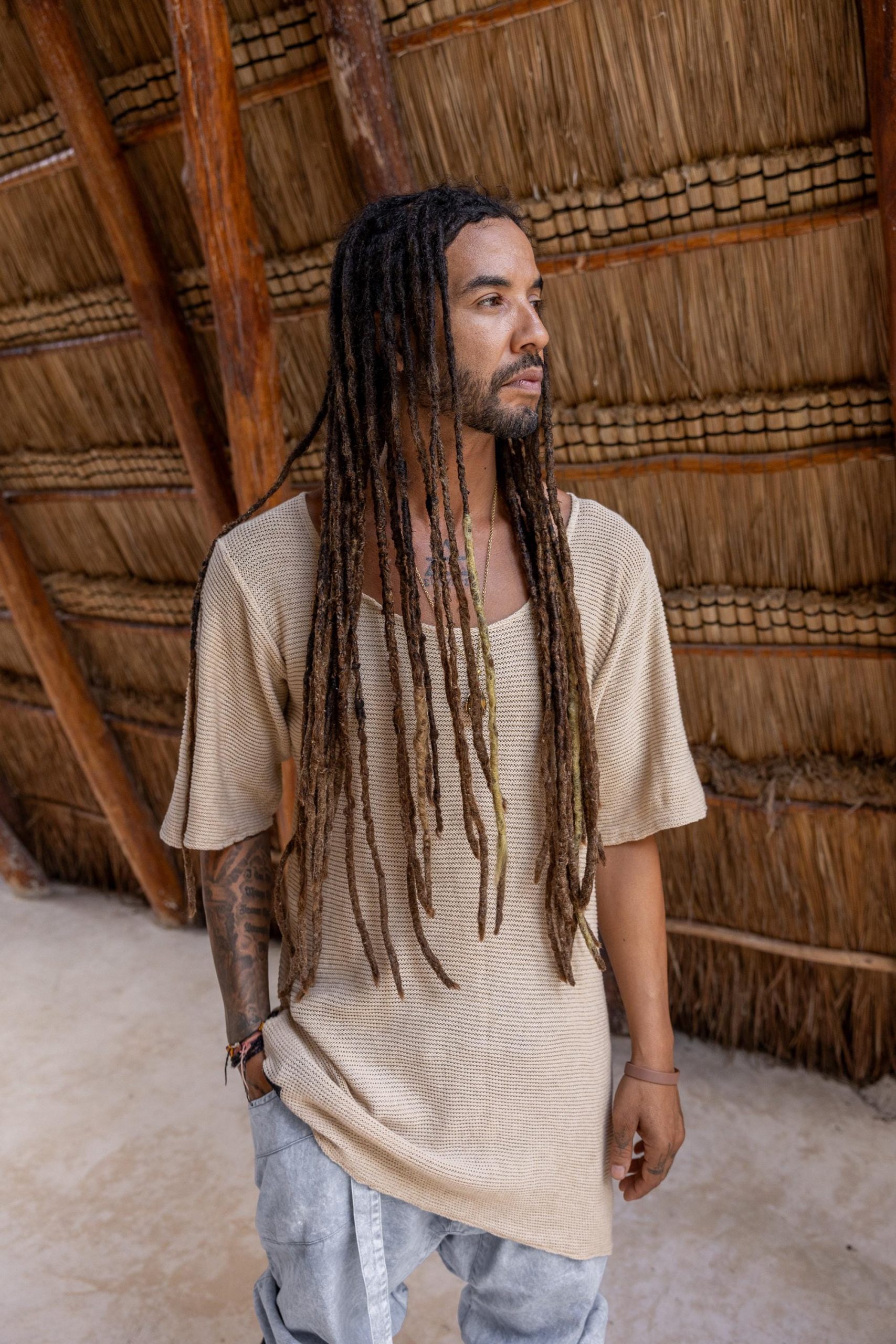 Hand Knit Cotton Tshirt Men: Bohemian Beach Shirt Hand Knit Cotton Tshirt Men: Bohemian Beach Shirt