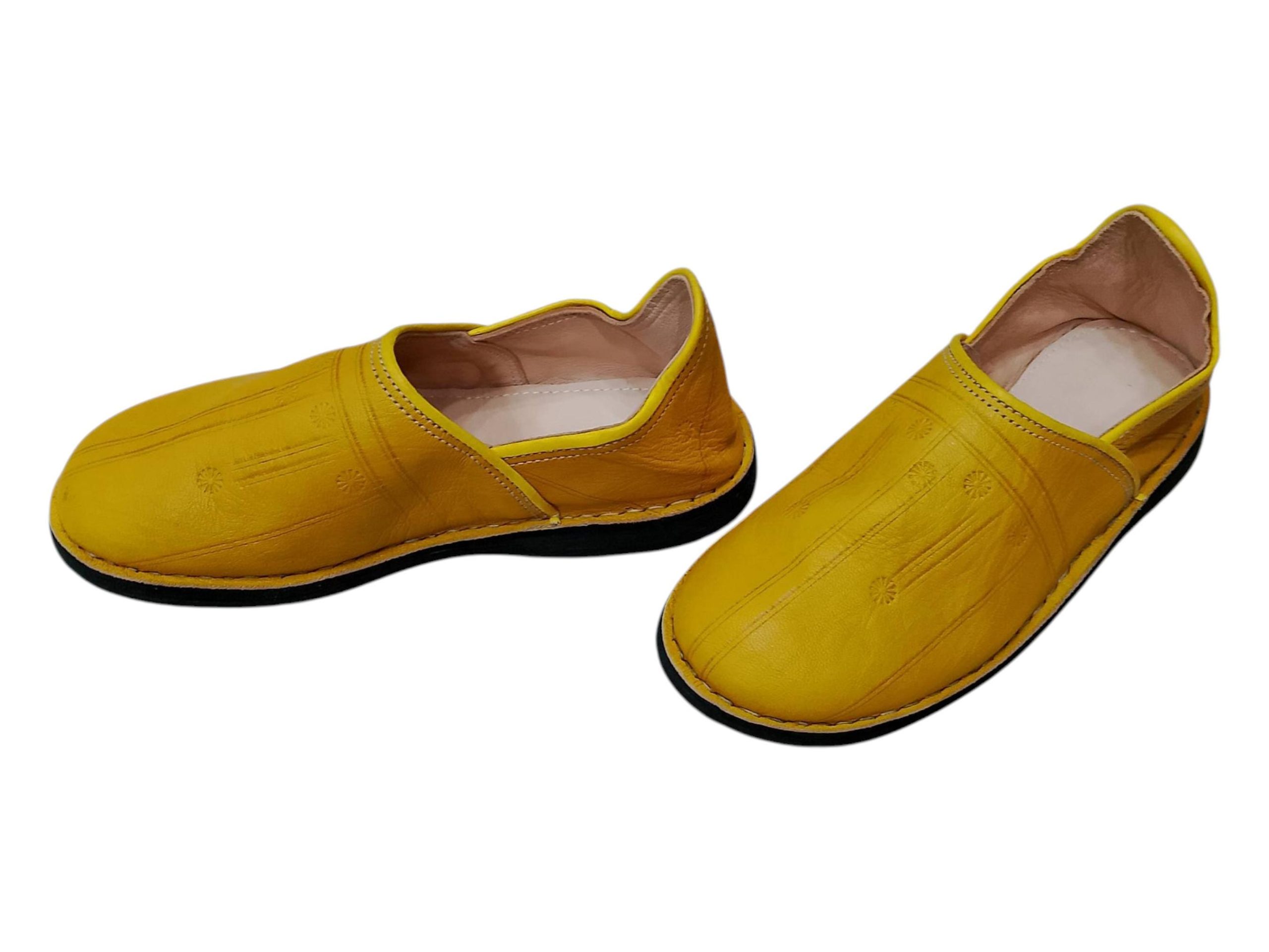 Bright Yellow Moroccan Leather Babouche Handmade Traditional Slippers Bright Yellow Moroccan Leather Babouche Handmade Traditional Slippers