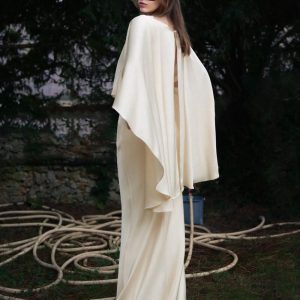 Ivory Muse Cape Gown Modern Minimalist Satin Evening